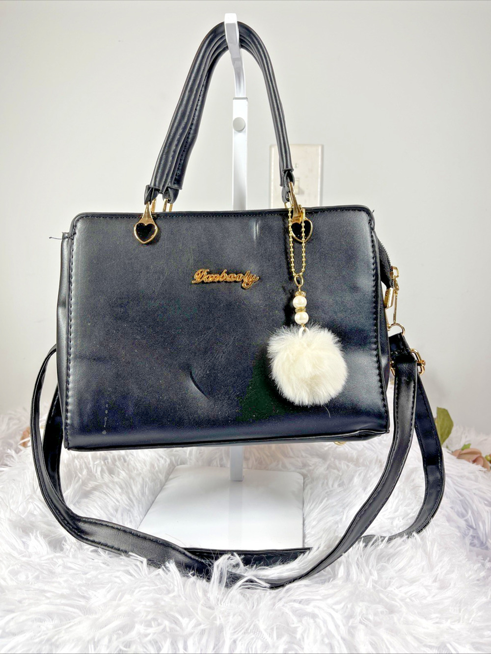 Dunbooby Black Satchel Handbag Gold Heart Hardware Pom Pom Crossbody Purse